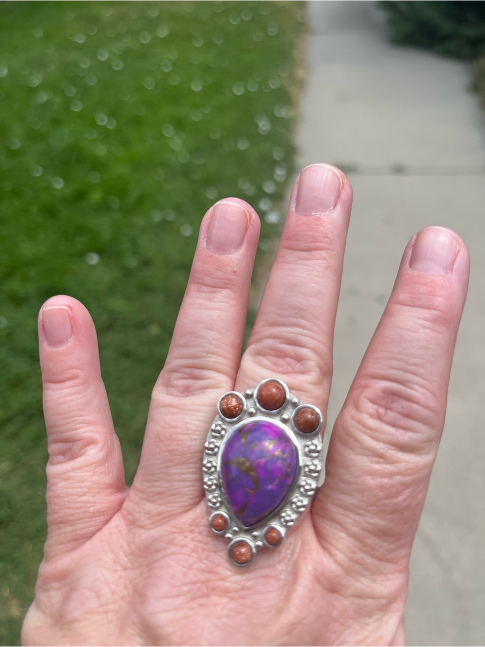 Silver Statement Ring with Purple Teardrop Stone and Brown Accent Gems